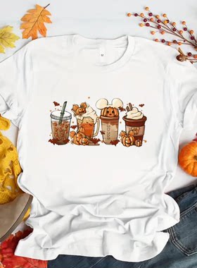 Halloween Milktee T shirt 新款万圣节南瓜奶茶印花圆领短袖T恤