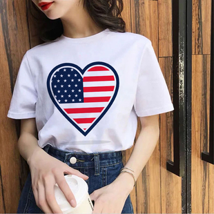 2022夏季新款美国国旗爱心印花男女情侣短袖T恤体恤衫女士服装