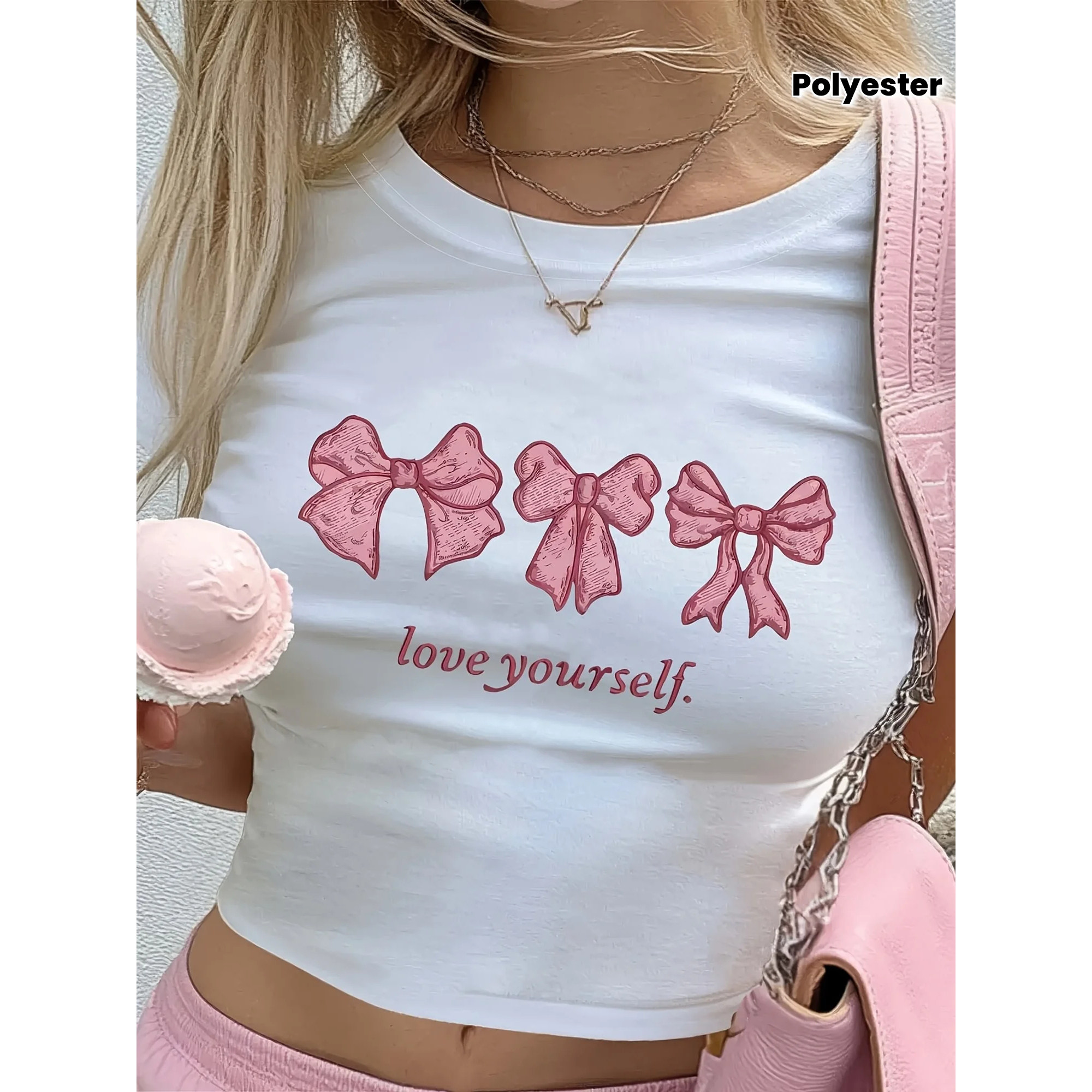 Box T shirt 性感时尚粉色蝴蝶结印花女士露脐短款T恤短装上衣服