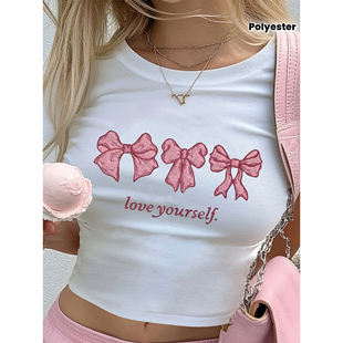 Box T shirt 性感时尚粉色蝴蝶结印花女士露脐短款T恤短装上衣服
