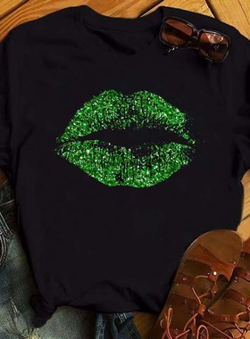 Sexy Green Lips T shirt 欧美风性感绿色嘴唇印花短袖T恤女上衣