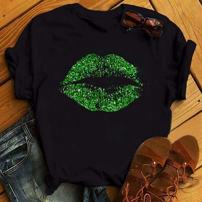 Sexy Green Lips T shirt 欧美风性感绿色嘴唇印花短袖T恤女上衣