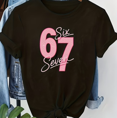 Six Seven T shirt 美式潮牌网红67数字印花T恤女黑色圆领打底衫