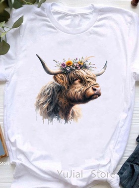 Flower Cow T shirt 新款鲜花牦牛印花T恤女夏季白色简约打底体恤