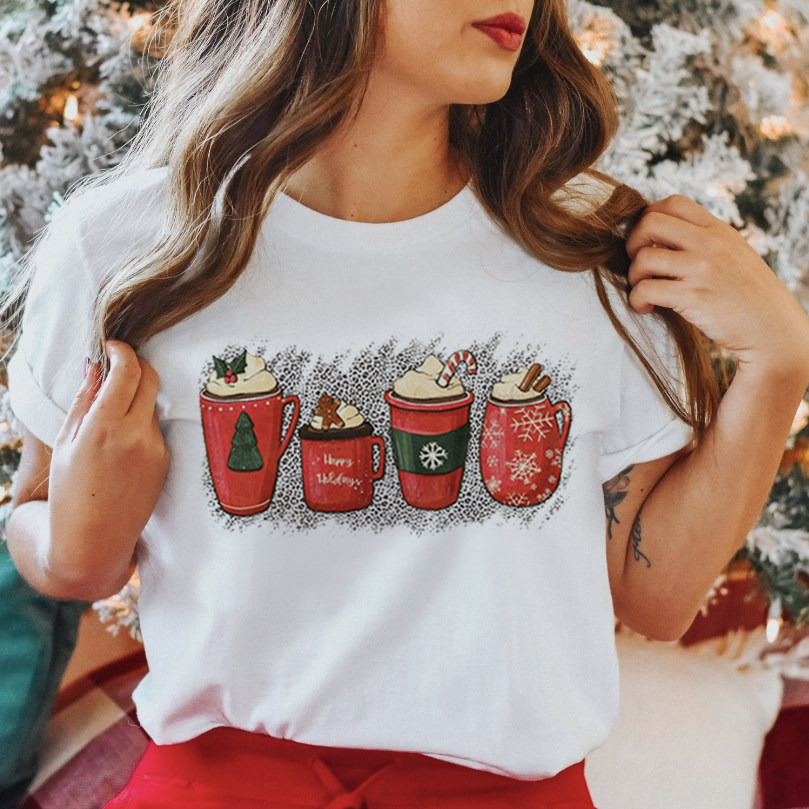 Merry Christmas Cap T shirt 新款圣诞节圣诞杯T恤短袖上衣服