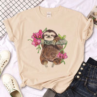 Sloth Cartoon Print Khaki Round Neck Short Sleeve T-Shirt thumbnail 6