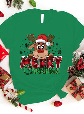 Christmas Deer T shirt 新款圣诞节麋鹿T恤个性绿色圣诞上衣短袖