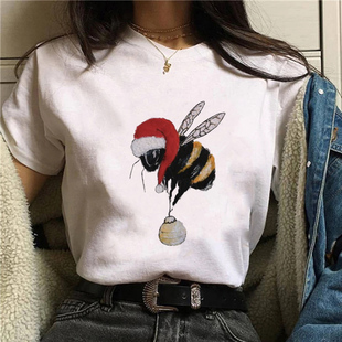 黑猫蜜蜂印花女士短袖 猫咪Bee 2022个性 shirt T恤休闲白色上衣
