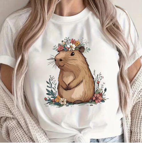 Capybara T shirt 卡通可爱水豚印花短袖T恤女小众风高街圆领上衣