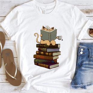 Cute Cat T shirt 夏款女装个性爱看书的猫印花白色短袖T恤打底衫