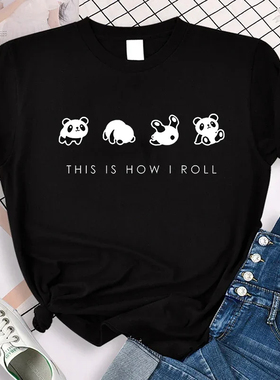 Cute Panda T shirt 卡通可爱熊猫印花T恤女夏季黑色圆领情侣装