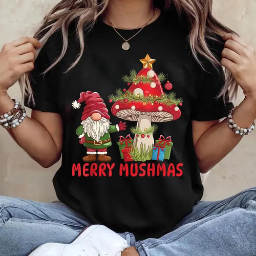 Merry Christmas T shirt 卡通可爱圣诞老人蘑菇印花短袖T恤上衣