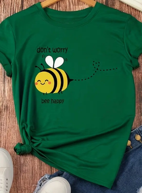 Bee T shirt 新款时尚卡通蜜蜂印花女士绿色圆领短袖T恤夏季上衣