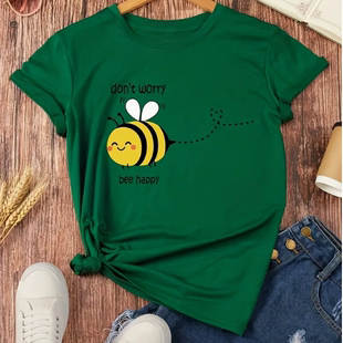 新款 shirt 时尚 卡通蜜蜂印花女士绿色圆领短袖 上衣 Bee T恤夏季