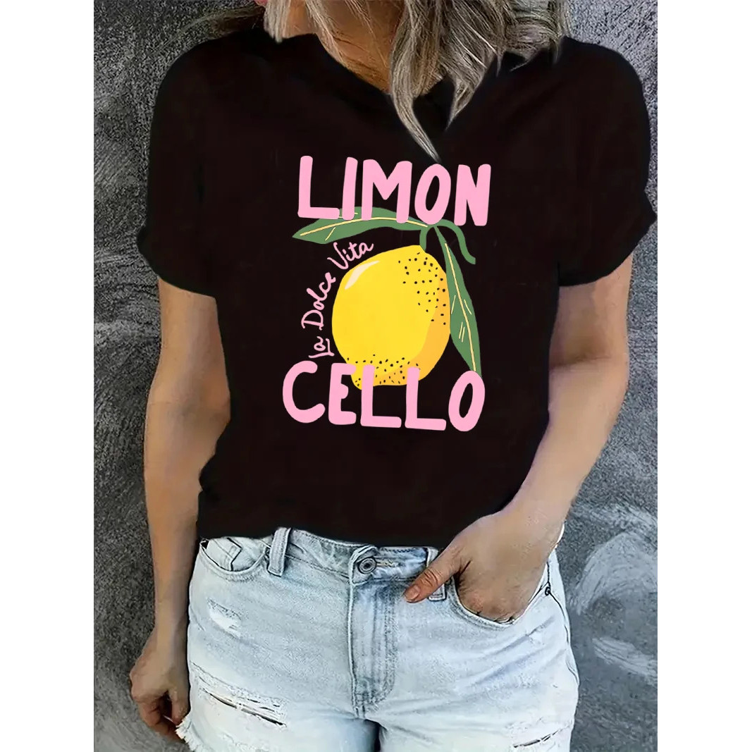 Limon T shirt 夏季女装休闲水果柠檬印花女士短袖T恤圆领打底衫
