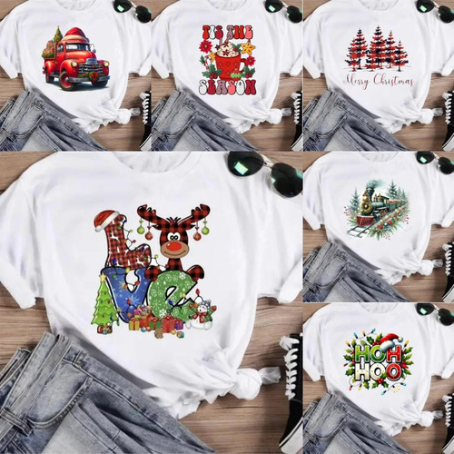 Merry Christmas Tshirt 2026圣诞节圣诞卡车印花短袖T恤女亲子装