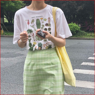 T恤短袖女2022新款时尚仙人掌印花夏季大版休闲女士圆领体恤衫