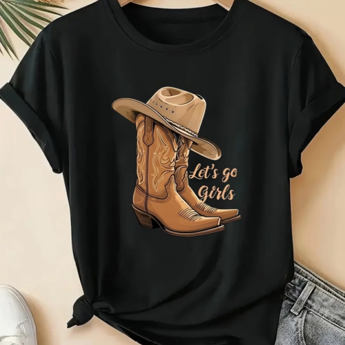Western Cow Girl T shirt  个性西部牛仔靴子印花短袖T恤女上衣