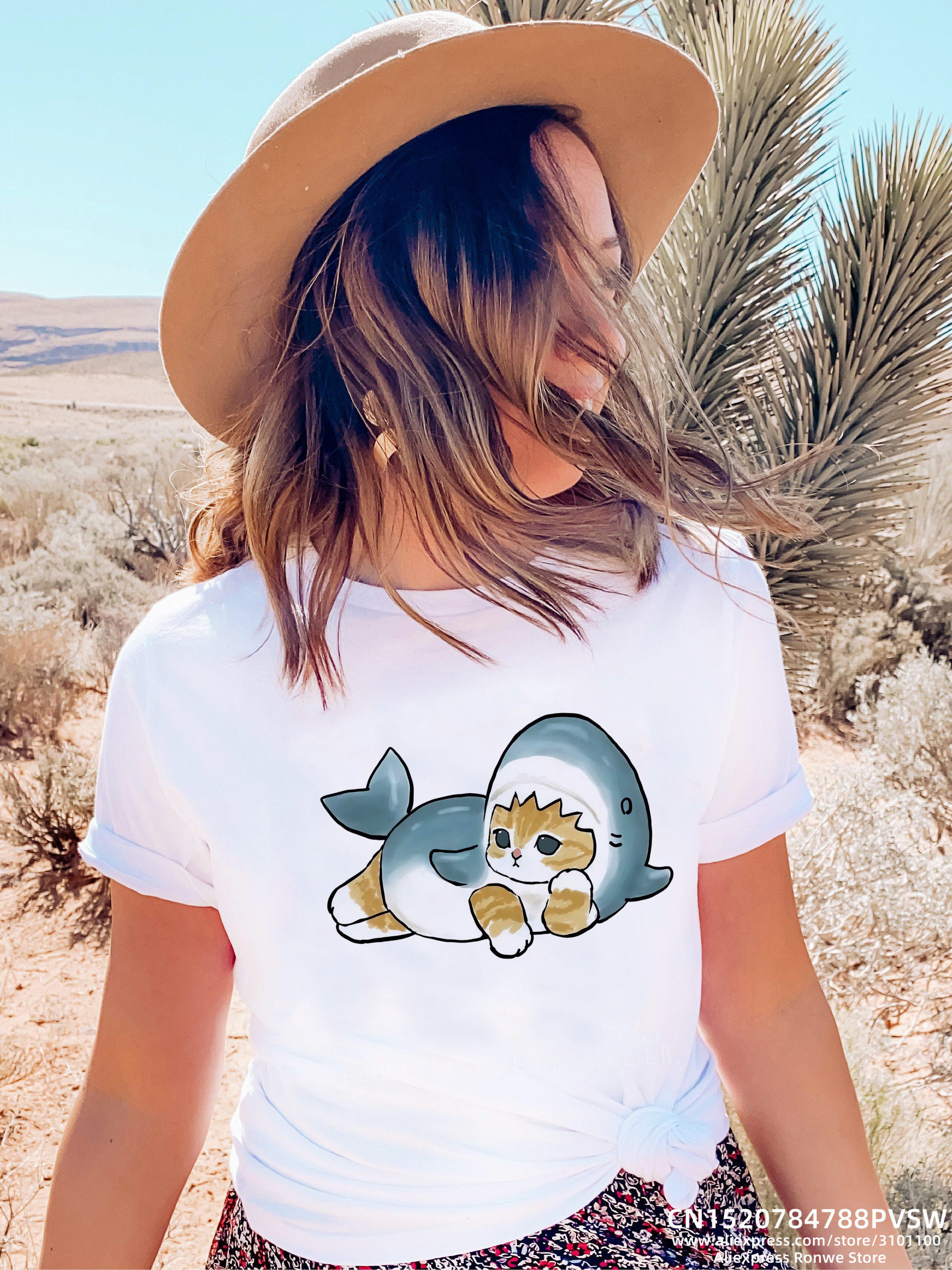 Shark Cat T shirt 新款卡通鲨鱼猫咪印花女士T恤短袖夏季亲子装