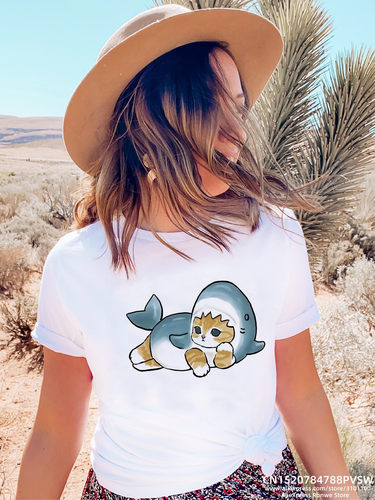 Shark Cat T shirt 新款卡通鲨鱼猫咪印花女士T恤短袖夏季亲子装
