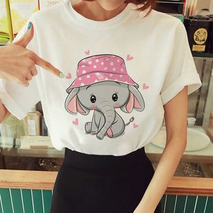 Cute Elephant Tshirt 超萌可爱小象印花女士夏季T恤甜酷圆领短袖