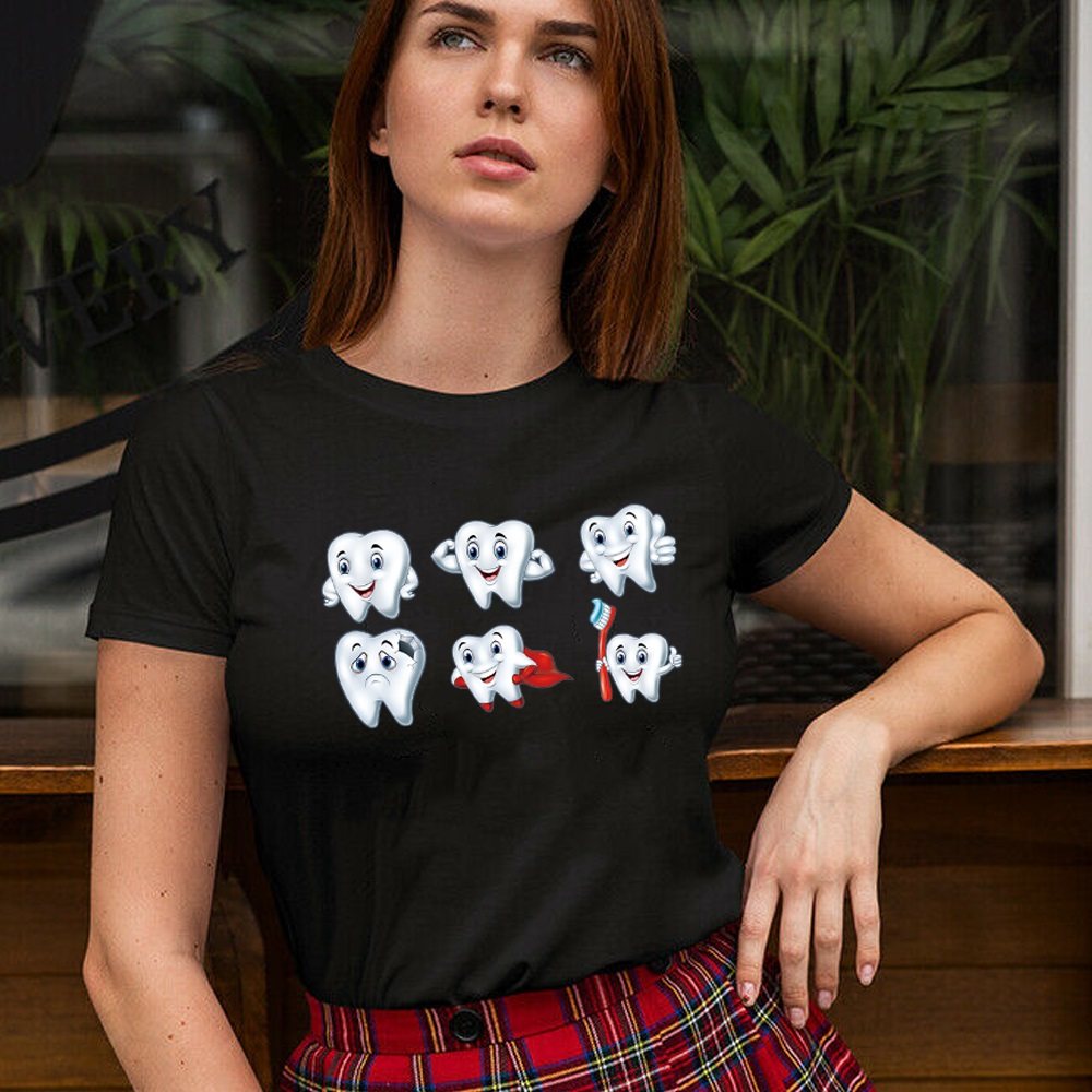 Dentel Care T shirt 夏季黑色女装T恤可爱牙齿宝宝牙齿护理体恤