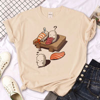 Sushi T-shirt: A personalized cartoon sushi print short-sleeved T-shirt for women, a khaki round-neck top T-shirt thumbnail 5