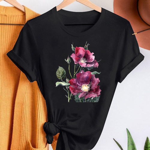 Flower T shirt 2022新款黑色短袖T恤时尚花朵图案百搭夏季女装