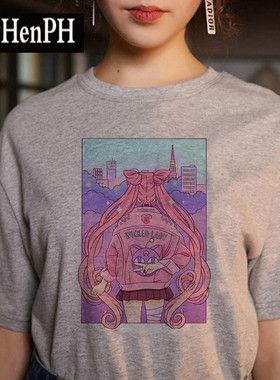 2021新款美少女战士周边T恤女休闲大码短袖莫代尔灰色上衣打底衫