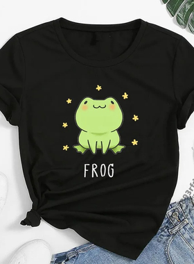 Cartoon Frog T shirt 卡通可爱青蛙印花黑色短袖上衣男女情侣装