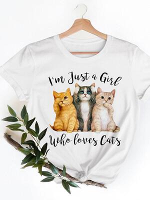 Funny Cat T shirt 可爱猫咪印花短袖T恤夏休闲白色上衣女亲子装