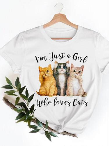Funny Cat T shirt 可爱猫咪印花短袖T恤夏休闲白色上衣女亲子装