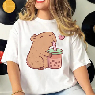 Capybara T Shirt 卡通可爱水豚印花T恤休闲大码夏季短袖女装上衣