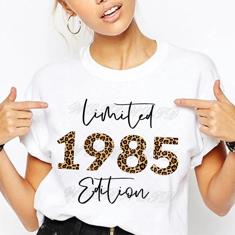 1985 Edition T shirt 欧美个性豹纹1985出版印花女士圆领短袖T恤