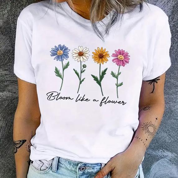 Flower T shirt 欧美时尚花朵印花短袖T恤女夏季简约圆领上衣潮
