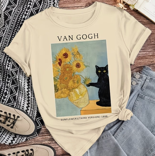 shirt 欧美时尚 梵高油画印花短袖 Van T恤女休闲百搭体恤衫 Gogh
