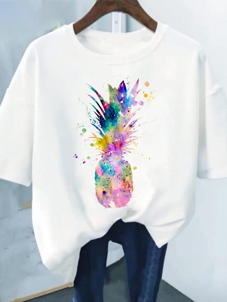Pineapple T shirt 夏季水彩菠萝印花T恤休闲百搭女士圆领体恤衫