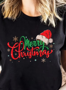 Merry Christmas T shirt 2026新款圣诞节圣诞T恤黑色短袖上衣服