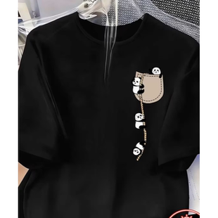 Panda T shirt 侧边口袋爬熊猫短袖T恤男女夏季圆领小众ins上衣