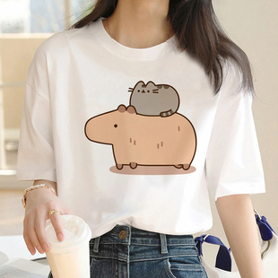 Capybara T shirt 卡通可爱水豚印花T恤女夏季大码短袖亲子体恤衫