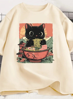 Cute Cat T shirt 新款日系吃面的猫咪印花女士圆领上衣休闲短袖