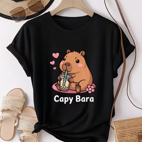 Capybara T shirt 新款短袖T恤卡通卡皮巴拉水豚印花短袖T恤女