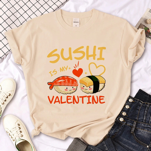 卡通寿司印花休闲大码 Sushi 女士T恤夏个性 shirt T恤女圆领上衣