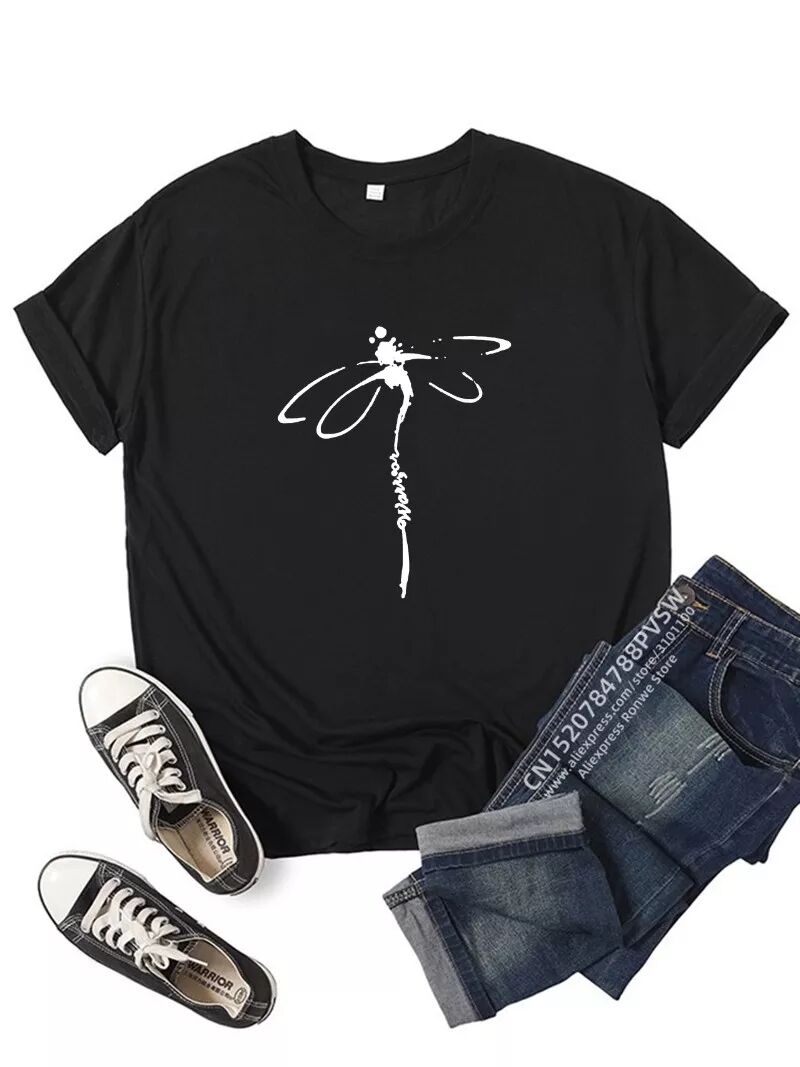 Dragonfly T shirt 夏季短袖女装个性白色蜻蜓印花圆领大码T恤衫