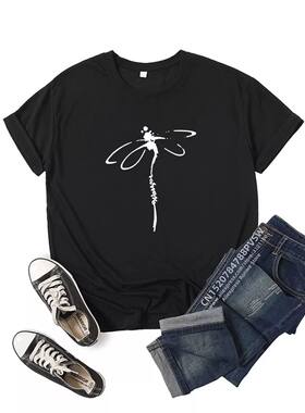 Dragonfly T shirt 夏季短袖女装个性白色蜻蜓印花圆领大码T恤衫