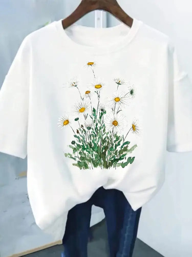 Flower Plant T Shirt  夏季女士短袖简约花朵印花清新百搭T恤衫