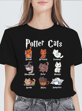 Potter Cats T shirt 夏季黑色短袖卡通魔法猫T恤男女休闲情侣装