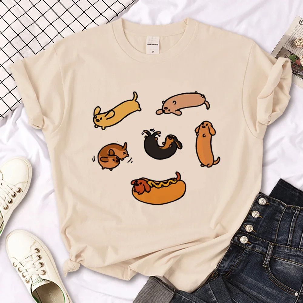 Dachshund T shirt 新款女士T恤卡通可爱腊肠犬印花短袖T恤半袖衫 - 实物图