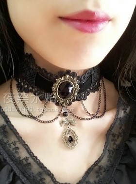 魔法复古欧美流苏水晶蕾丝项链