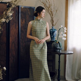 拾光裁缝 薄荷棋盘 文艺国风气质改良无袖通勤旗袍格子连衣裙夏